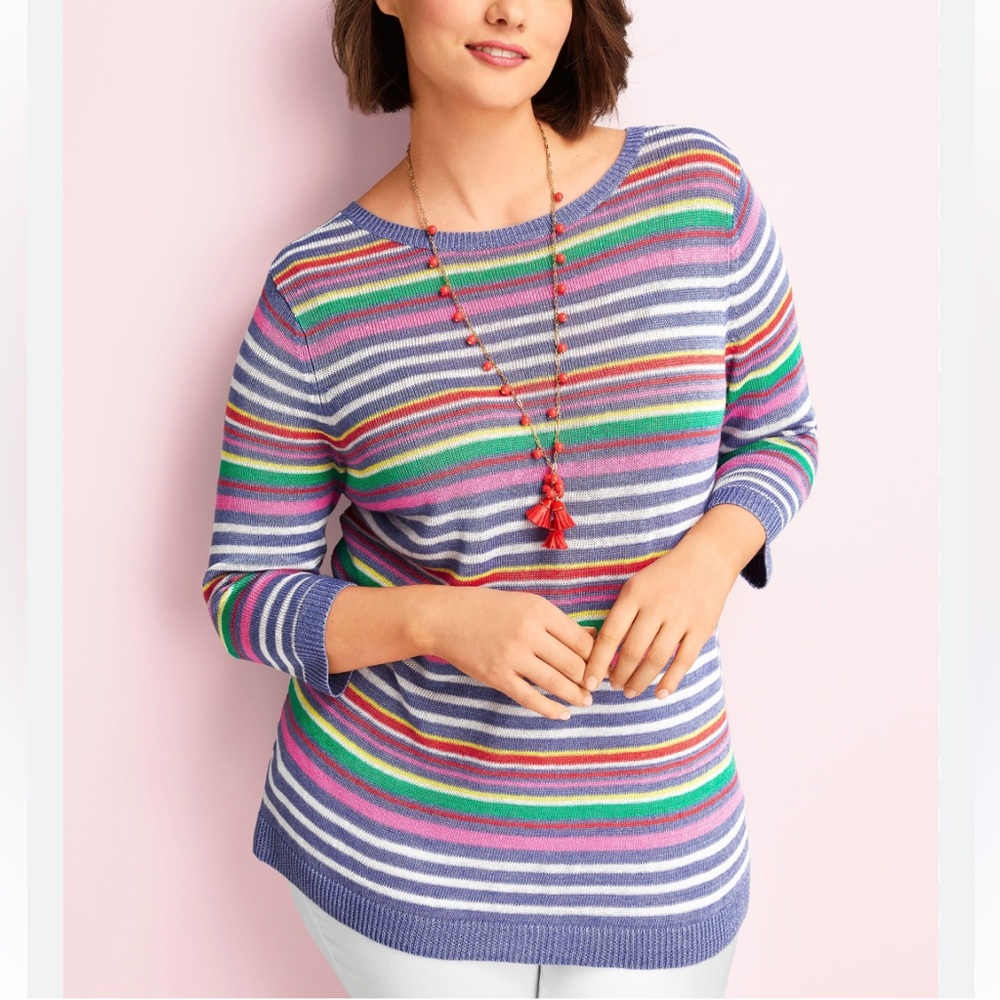 Talbots Linen Sweater Pullover 3X Striped Marled Knit 3/4 Sleeve Multi Color